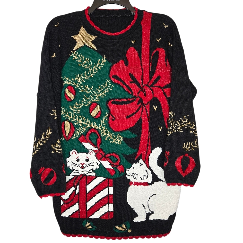 VTG Ugly Knit Christmas Sweater Large Cats Kittens‎ Tree Presents Bow Kitsch